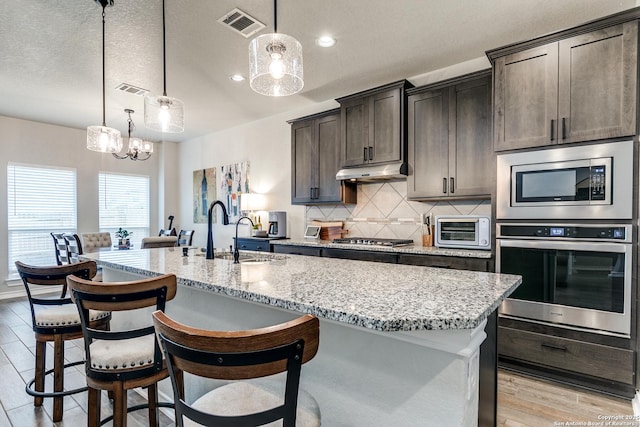 kitchen with dark brown cabinetry, a center island with sink, pendant lighting, and stainless steel appliances