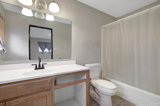 bathroom with toilet, vanity, shower / bath combination with curtain, and tile patterned floors