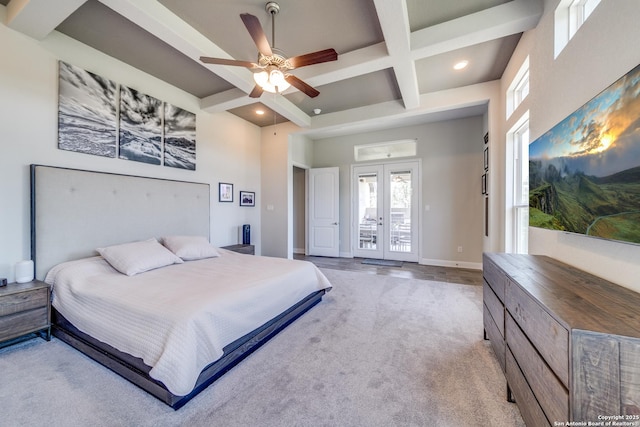 bedroom with recessed lighting, coffered ceiling, baseboards, french doors, and beam ceiling