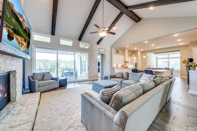 living area with high vaulted ceiling, a healthy amount of sunlight, a fireplace, and wood finished floors