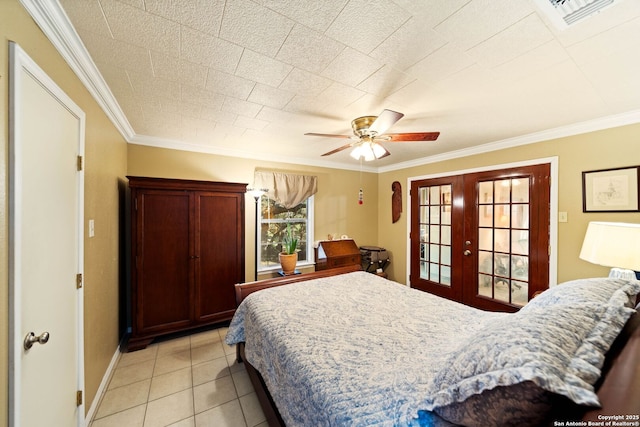 bedroom featuring light tile patterned floors, visible vents, a ceiling fan, crown molding, and french doors