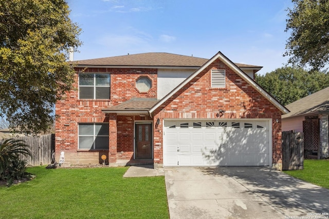 traditional-style home featuring brick siding, an attached garage, a front yard, fence, and driveway