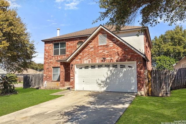 traditional home with a garage, brick siding, concrete driveway, fence, and a front yard