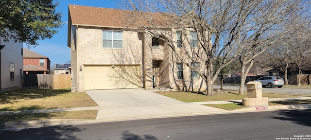 view of front of home with a garage, brick siding, fence, concrete driveway, and a front lawn