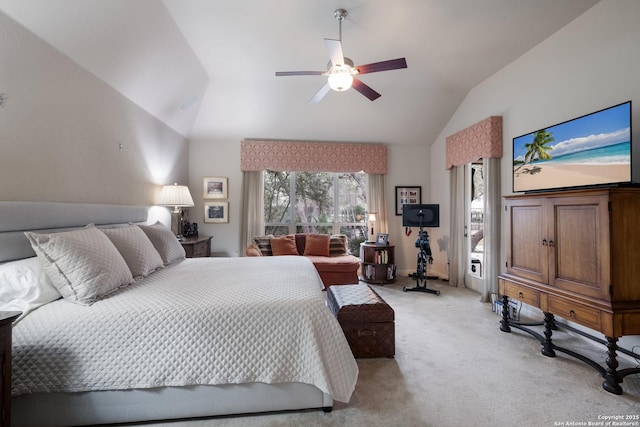 bedroom with light carpet, a ceiling fan, and lofted ceiling