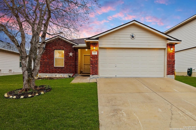 ranch-style home featuring driveway, brick siding, a front lawn, and an attached garage