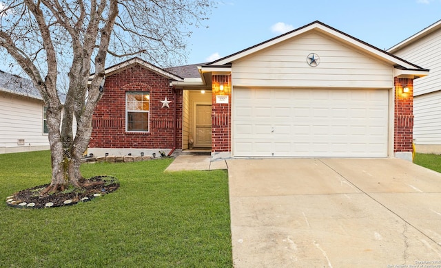 single story home featuring a garage, a front yard, concrete driveway, and brick siding