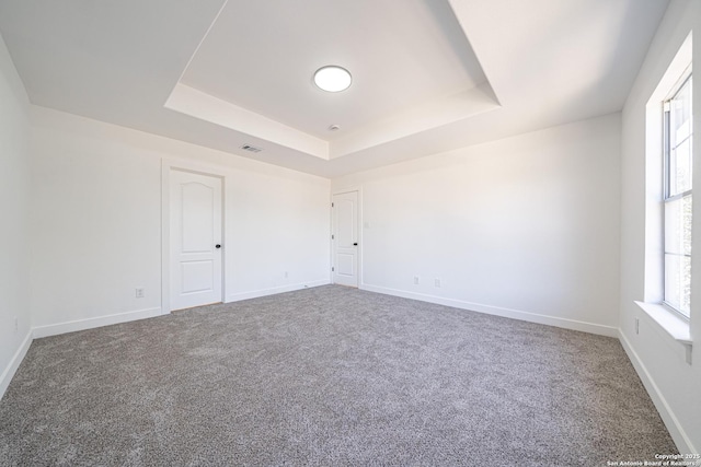 carpeted empty room with plenty of natural light, baseboards, and a raised ceiling