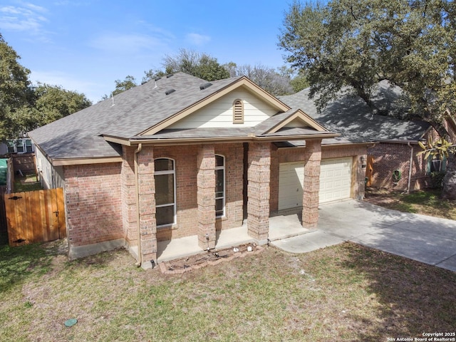 view of front of property featuring a garage, brick siding, a shingled roof, fence, and driveway