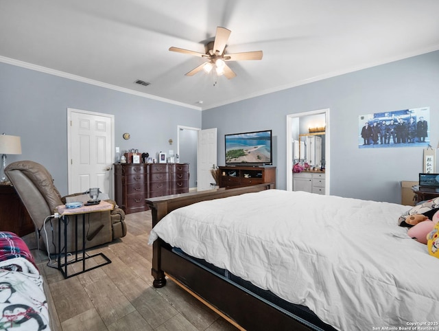 bedroom with ceiling fan, light wood-style flooring, visible vents, and crown molding