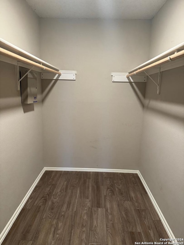 walk in closet with dark wood-style flooring