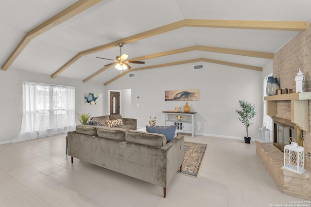 living area featuring a ceiling fan, a brick fireplace, visible vents, and lofted ceiling with beams