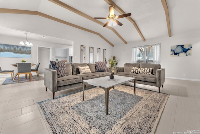 living room featuring high vaulted ceiling, baseboards, beamed ceiling, and ceiling fan with notable chandelier