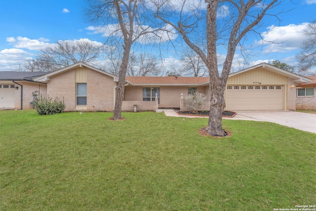 ranch-style house with a garage, a front lawn, concrete driveway, and brick siding