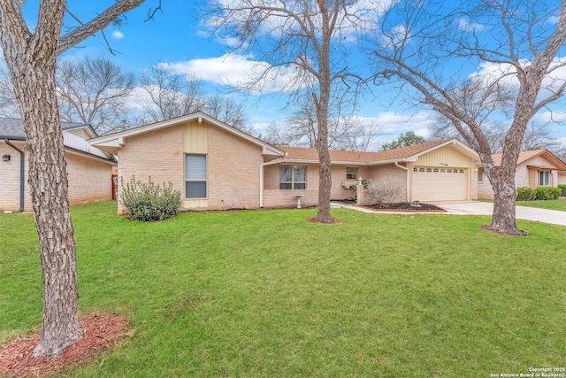 ranch-style home with driveway, brick siding, an attached garage, and a front yard