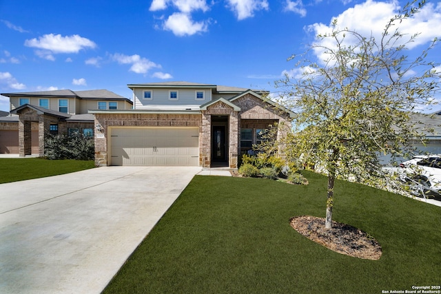 view of front of house with an attached garage, stone siding, a front lawn, and concrete driveway