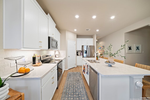 kitchen featuring light countertops, appliances with stainless steel finishes, a breakfast bar area, and white cabinetry