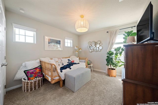 carpeted bedroom with multiple windows and baseboards