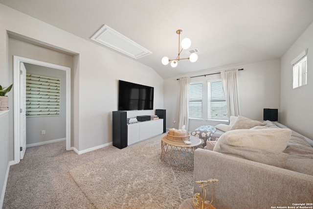 carpeted living room featuring vaulted ceiling, a wealth of natural light, visible vents, and baseboards