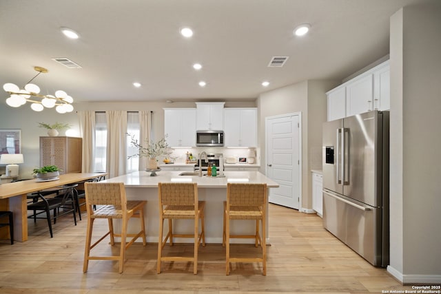 kitchen with a center island with sink, stainless steel appliances, light countertops, white cabinets, and a sink