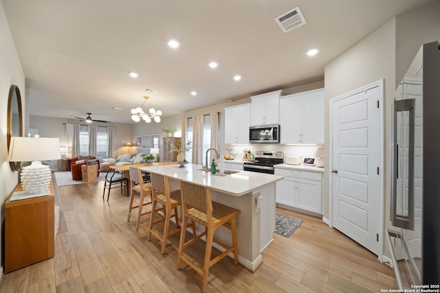 kitchen featuring white cabinets, open floor plan, stainless steel appliances, light countertops, and a sink