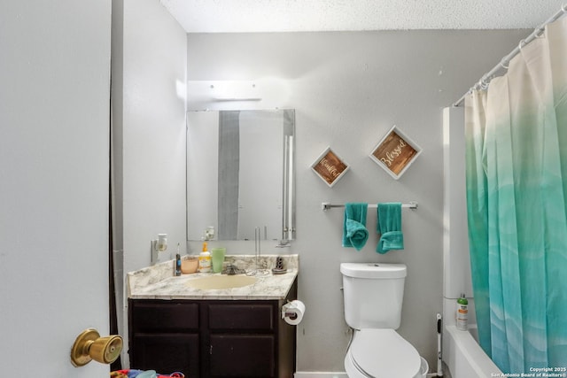 bathroom with shower / bath combination with curtain, vanity, and toilet