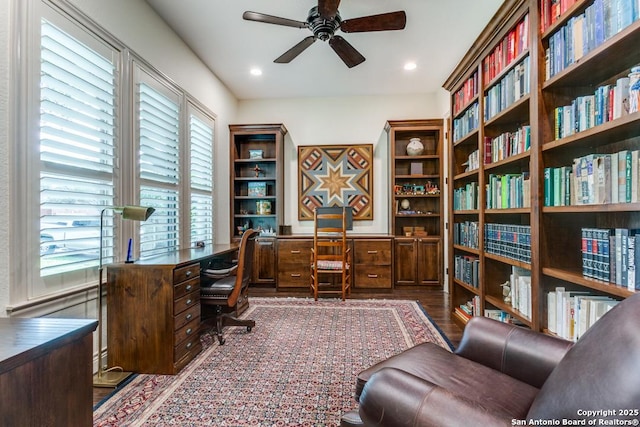 office space featuring a ceiling fan, wood finished floors, and recessed lighting