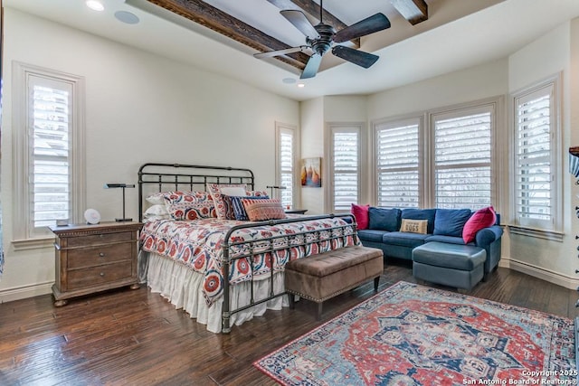 bedroom with recessed lighting, dark wood finished floors, a ceiling fan, and baseboards