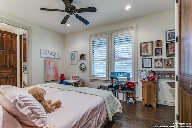 bedroom featuring ceiling fan, dark wood-style flooring, and recessed lighting