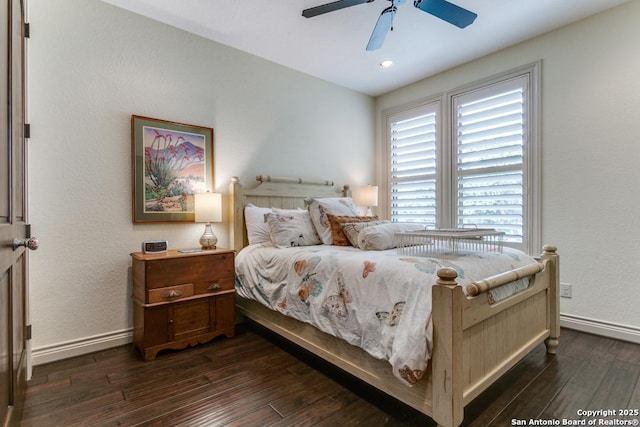 bedroom featuring ceiling fan, recessed lighting, dark wood finished floors, and baseboards