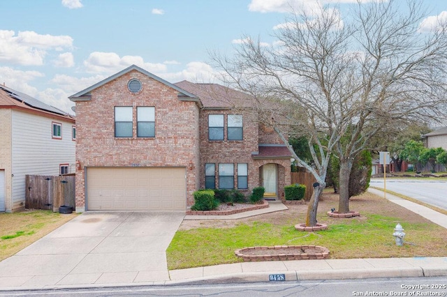 traditional home with a garage, brick siding, fence, driveway, and a front lawn