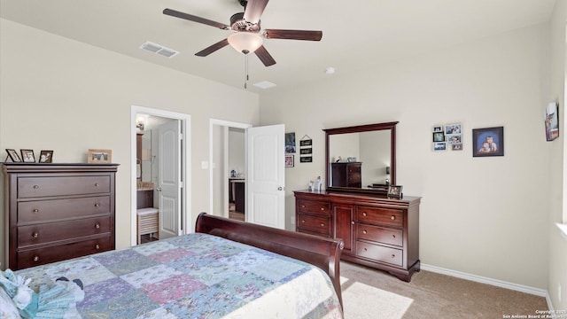 bedroom featuring light carpet, ceiling fan, visible vents, and baseboards