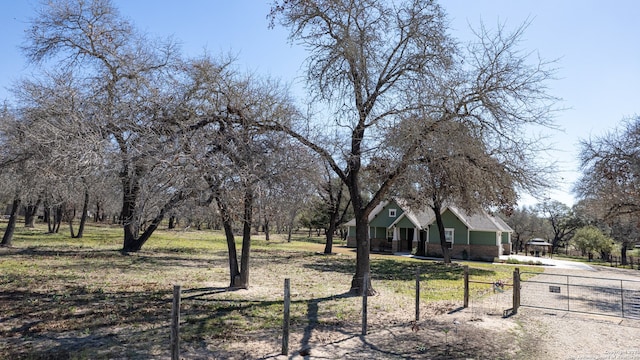 view of yard featuring a fenced front yard, a gate, and dirt driveway