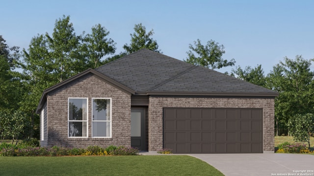 view of front facade featuring a garage, a front lawn, concrete driveway, and roof with shingles