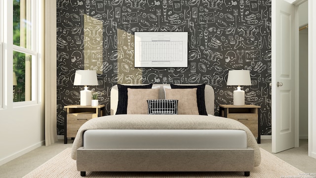 carpeted bedroom featuring baseboards and wallpapered walls