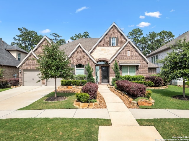 tudor house with brick siding, roof with shingles, stone siding, driveway, and a front lawn