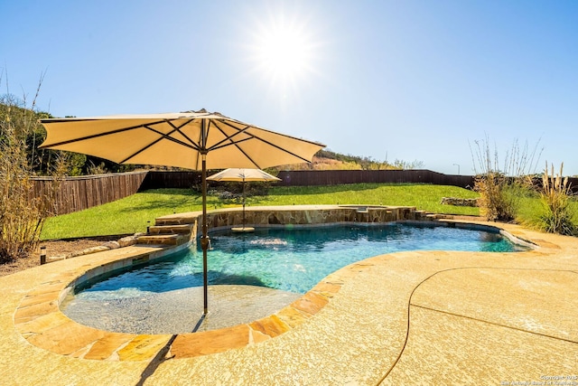 view of swimming pool featuring a yard, a fenced backyard, and a fenced in pool