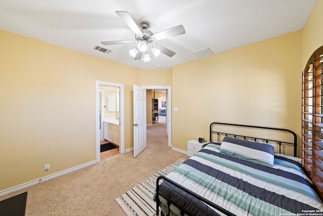 bedroom featuring light colored carpet, visible vents, ceiling fan, and baseboards