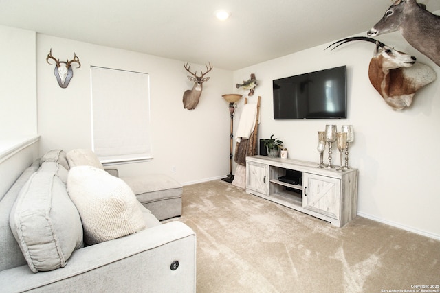 living area featuring baseboards and light colored carpet