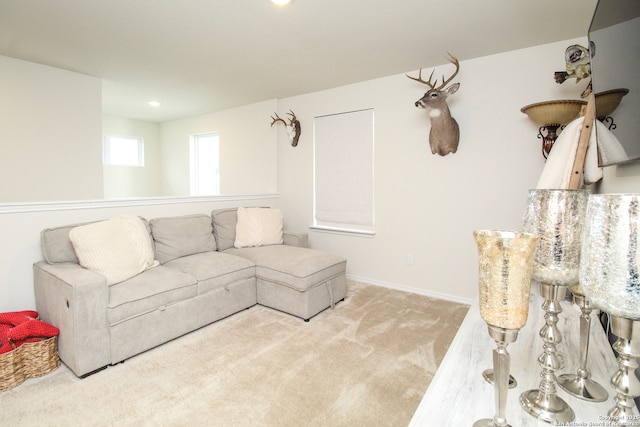 living room with light colored carpet and baseboards