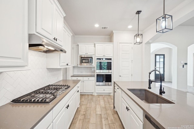 kitchen featuring stainless steel appliances, white cabinets, a sink, and under cabinet range hood