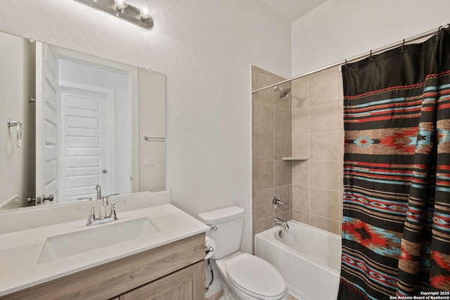 full bath with shower / bathtub combination with curtain, vanity, and toilet