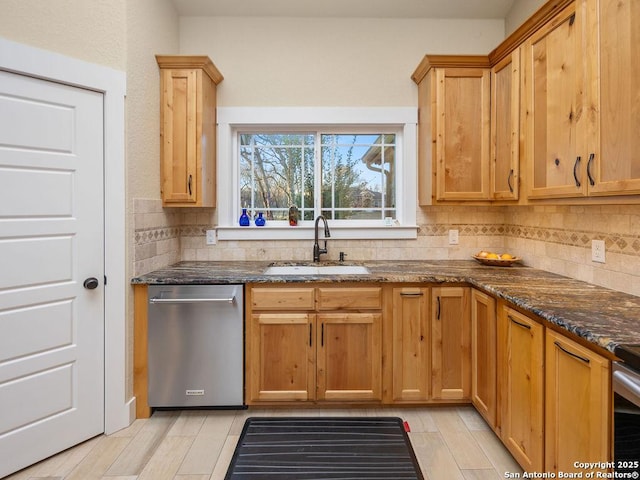 kitchen with dark stone counters, backsplash, a sink, and dishwasher