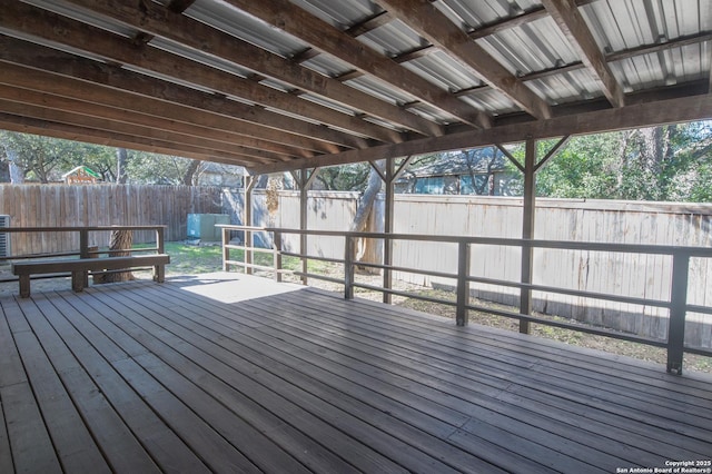 wooden terrace with a fenced backyard