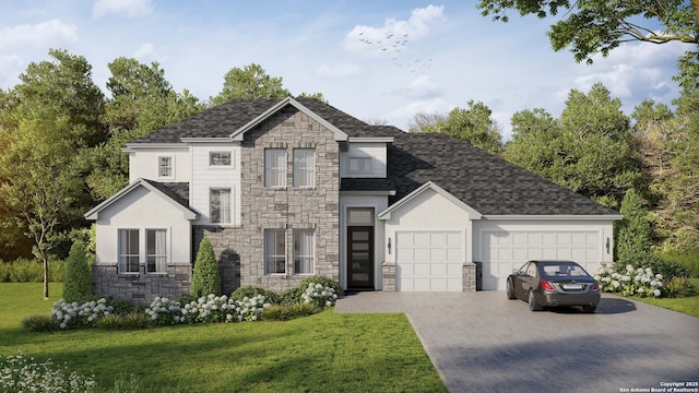 view of front facade with an attached garage, stucco siding, decorative driveway, and a front yard