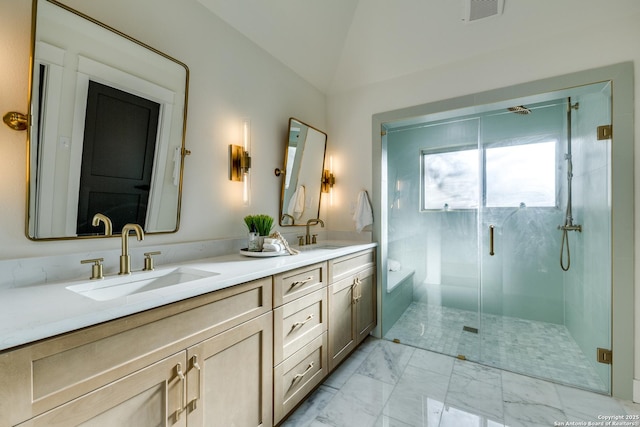 bathroom with lofted ceiling, a sink, visible vents, marble finish floor, and a shower stall