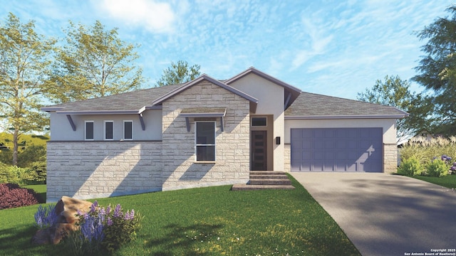 view of front facade featuring stucco siding, an attached garage, entry steps, a front yard, and driveway