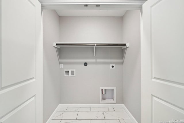 laundry area featuring washer hookup, marble finish floor, hookup for an electric dryer, laundry area, and baseboards