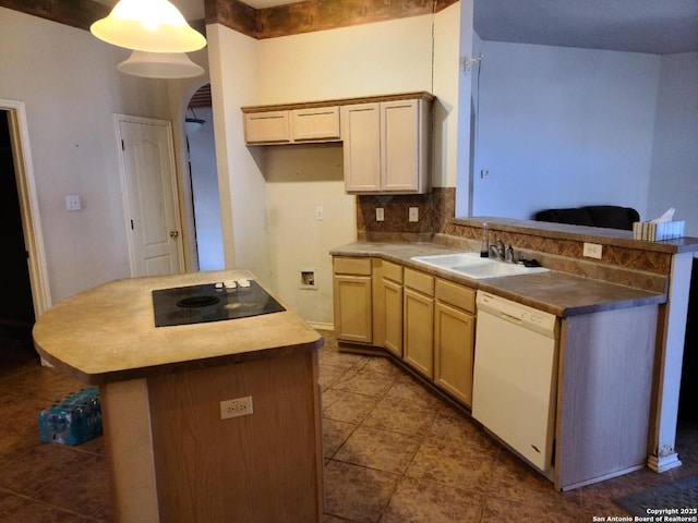 kitchen with tasteful backsplash, white dishwasher, black electric cooktop, light brown cabinets, and a sink