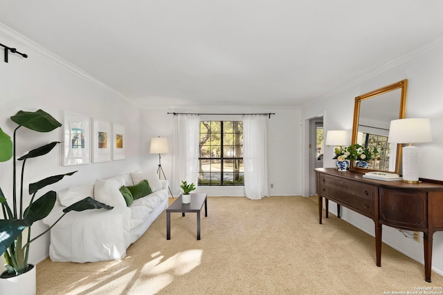 living room featuring ornamental molding and light colored carpet